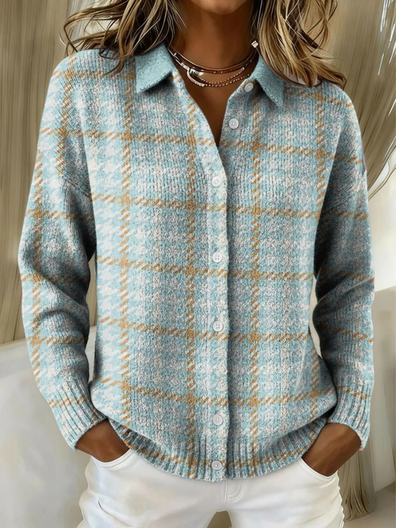 Tara™ – Checked Hoodie Blouse with Sand-Colored Accents
