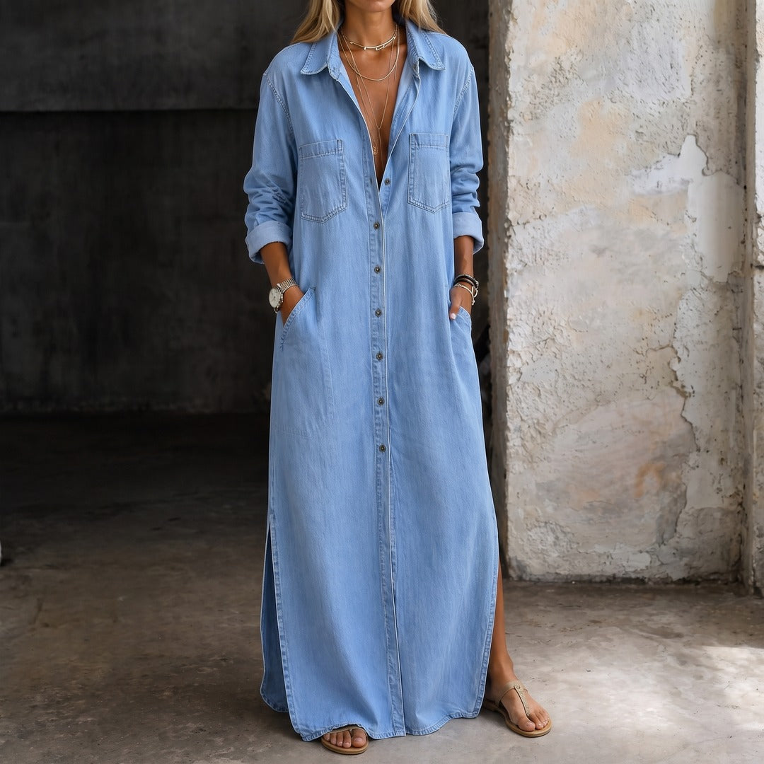 Andrea light blue denim button-down maxi dress